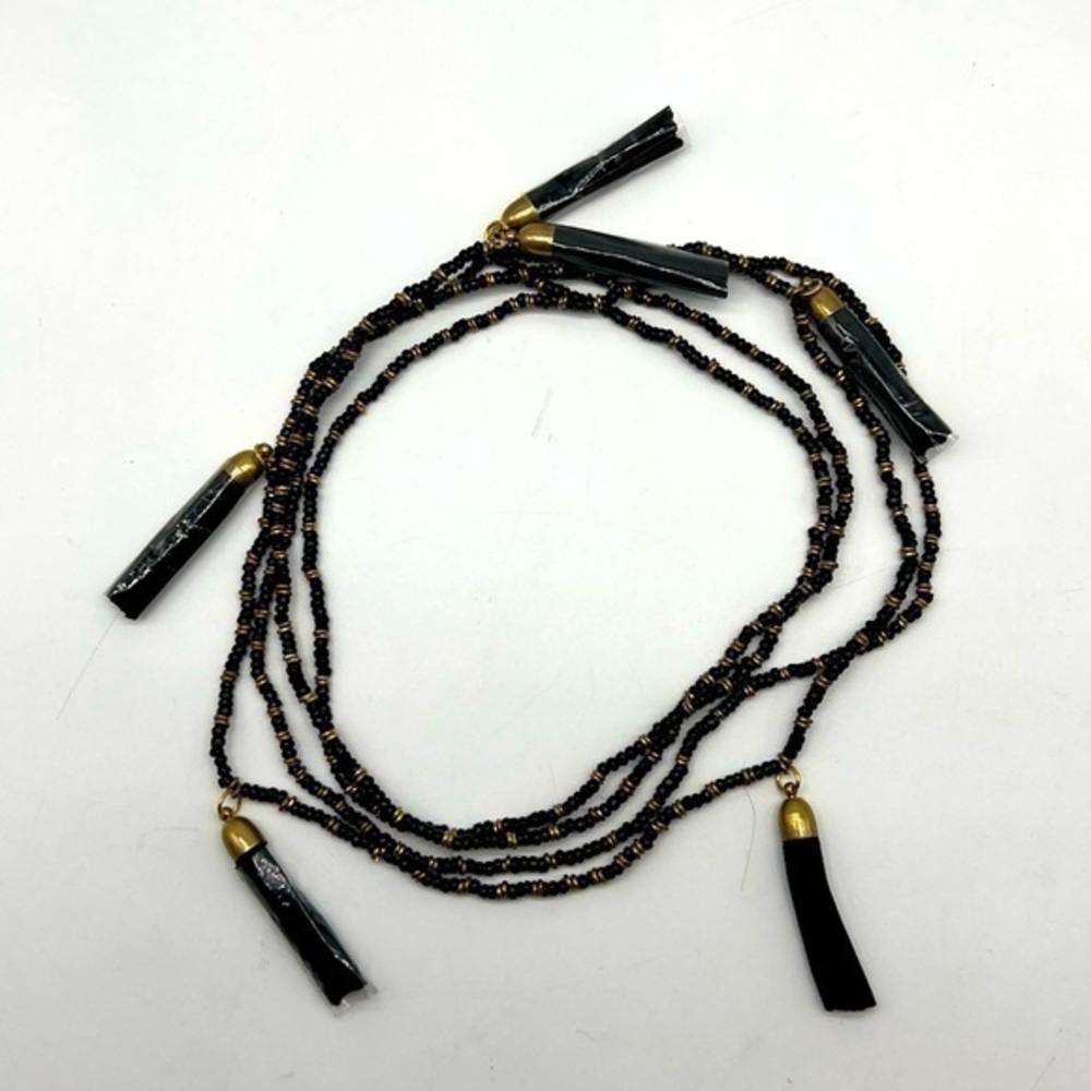 NEW black and gold beaded lariat necklace with five black tassels
